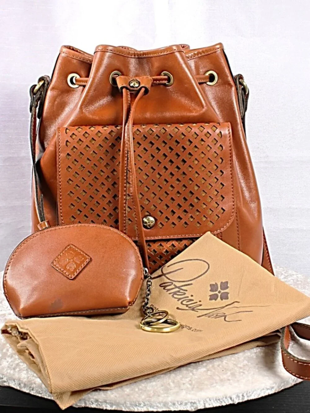 Patricia Nash Cognac Leather Bucket Crossbody Bag, Coin Purse + Duster